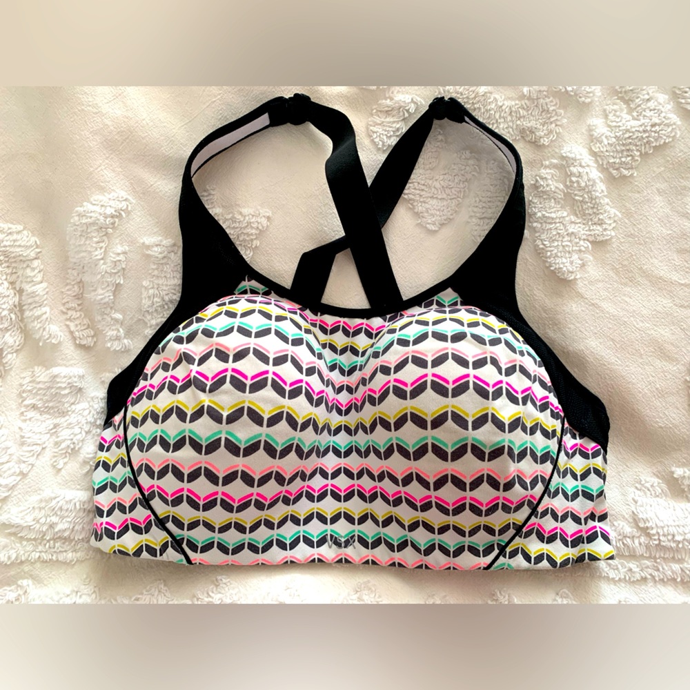Victoria’s Secret Sports Bra: Multi-Color Print/Black, Criss-Cross Straps 38C